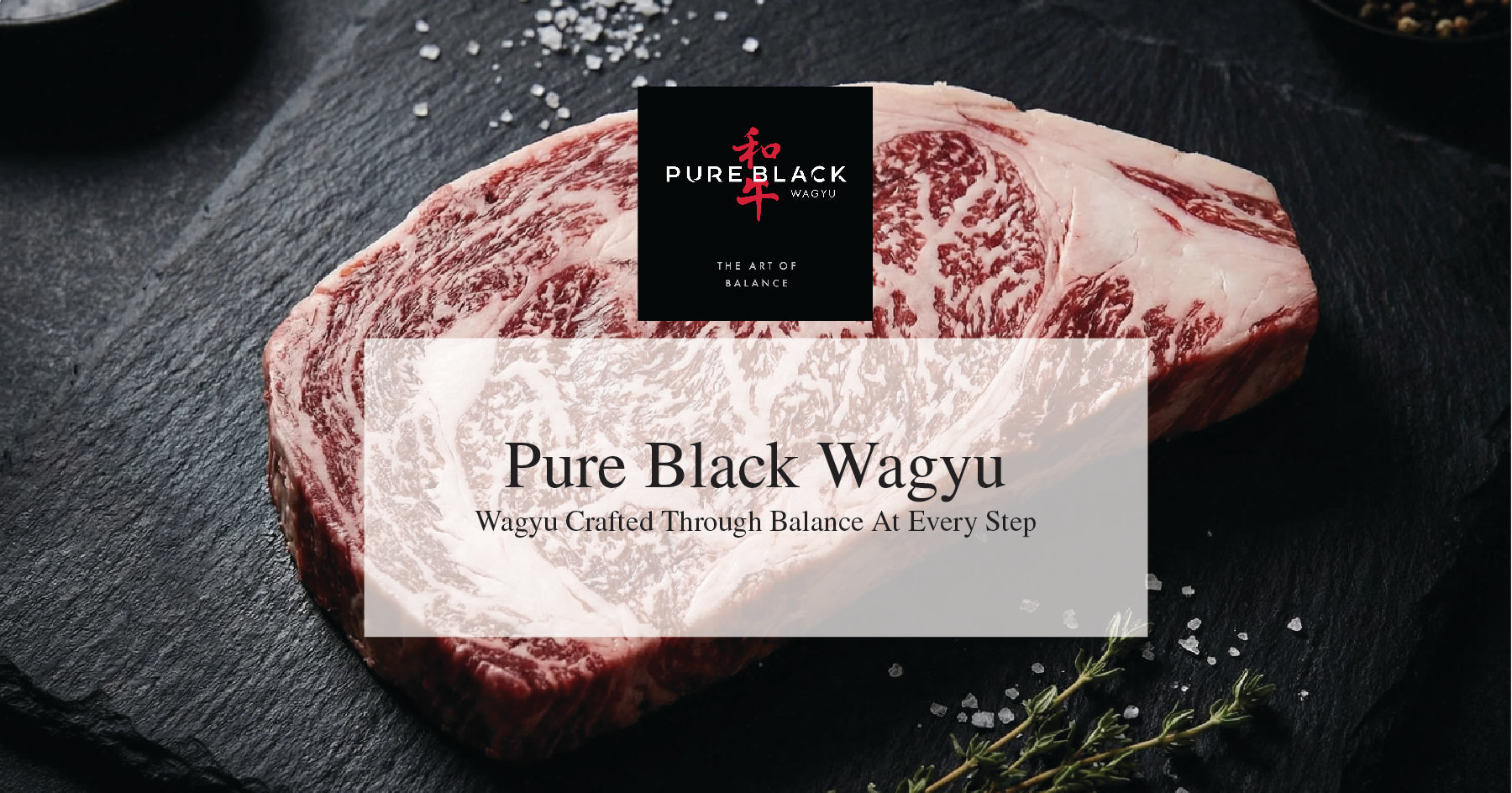 Pure Black Wagyu beef on a dark surface with brand logo